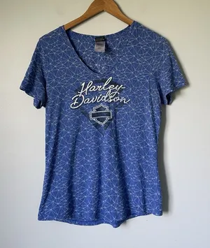 Harley Davidson T-Shirt V-Neck Blue Patterned Barnett El Paso, Texas Women's Med thumbnail 1