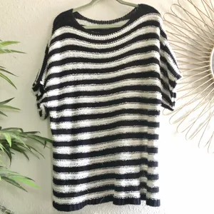 Boat neck off shoulder striped short sleeve knit sweater.l thumbnail 2