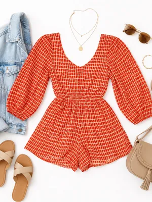 Altar’d State Orange Red Plaid Smocked Romper Women’s Medium Balloon Sleeve EUC thumbnail 15
