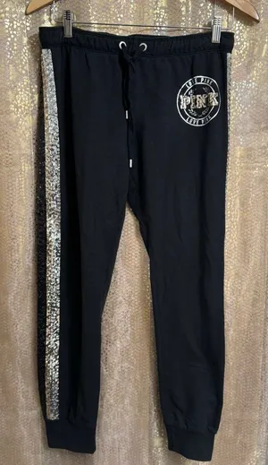 PINK Victorias Secret Sequin Bling Silver Black Gold Jogger Pants Medium thumbnail 1