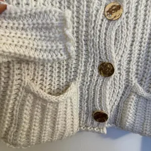 Chunky Knit Cardigan Cream V Neck Button Front Pockets Cozy Oversized Small thumbnail 5