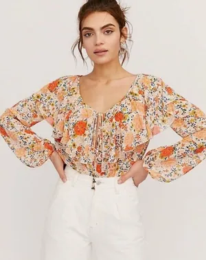 Free People Ivory And Coral Say It To Me Floral Body Suit thumbnail 1
