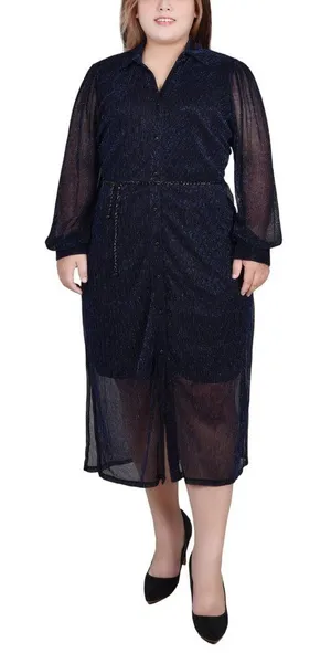 NWT Ny Collection Womens Plus Size Mesh Dress with Long Sleeves Navy Blue 1X thumbnail 1