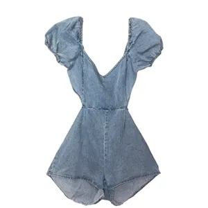 Lulus Blushing Beauty Light Wash Denim Puff Sleeve Romper size Large thumbnail 10