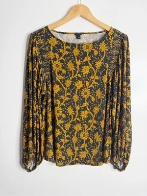Ann Taylor Black Mustard Floral Puff Sleeve Blouse Large Workwear Office Career thumbnail 2