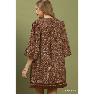 Umgee Mix Geometric Print V-Neck Tassel Detail Tunic Dress‎ - Brown Mix - Medium thumbnail 3