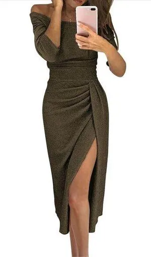 NEW Off Shoulder Bodycon Long Sleeve Ruched Slit Glitter Cocktail Dress XL thumbnail 1