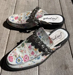 Free People Vida Mules‎ Ivory Floral Slip On Leather Flat Shoes Size EU 38.5 thumbnail 1