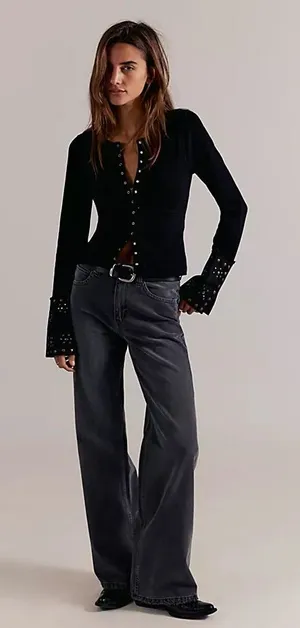 Free People We The Free Tinsley Baggy High Rise Straigjt Leg Jeans Faded Black Slouch Grunge thumbnail 1