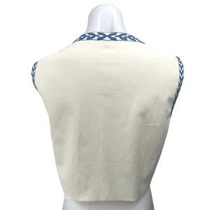 Women's White Blue Floral Embroidered Open Front Boho Crop Top Vest Coat Size L thumbnail 2