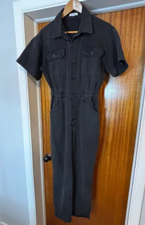 Crescent Black Denim Utility Jumpsuit Elastic Waist Button Front Small CR7664-DU thumbnail 1