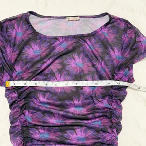 Intimately Free People Purple Floral Mesh Ruched Short Sleeve Top‎ XS thumbnail 5