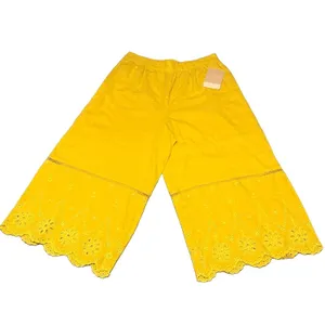 Calligraphie Women’s Eyelet Chartreuse Linen Wide-Leg Scallop Cropped Pants S thumbnail 4
