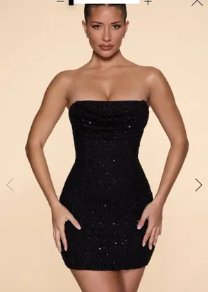 Oh Polly Embellished Strapless Cowl Neck Mini Dress in Black thumbnail 1