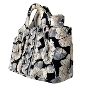 Vera Bradley Camellia Floral Black White Top Handle Tote Handbag Zip Pocket thumbnail 3