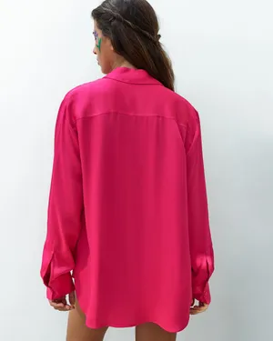 Zara Hot Pink Satin Button-Down Blouse Wide Cuffs Size Medium🎀 thumbnail 3