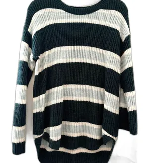 SO Women's Large Striped Knit Sweater Teal Blue White Relaxed thumbnail 1