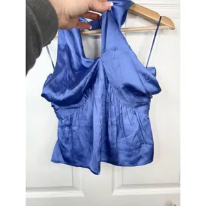 French Connection Blue Satin Halter Top Womens Size XS Smocked back thumbnail 3