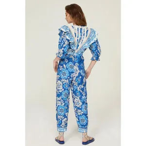 Farm Rio‎ Floral Linen Jumpsuit Tropical Puff Sleeve Women Medium NWT Blue White thumbnail 2