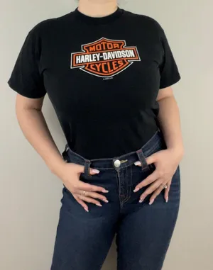 Harley Davidson Vintage Y2K Black Orange Large Emblem Logo Moto Graphic Tee thumbnail 1