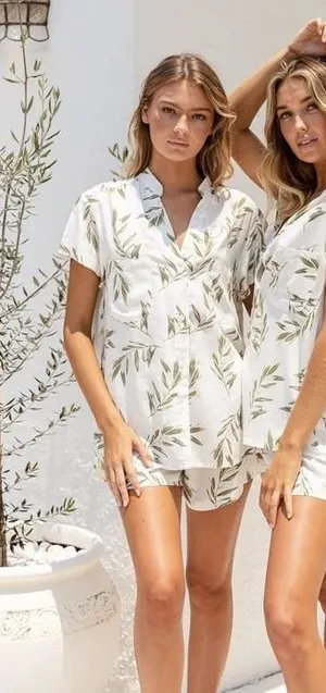 Piyama Maggie Pajama Set Olive Leaf Matching Set Medium White Green Loungewear thumbnail 1