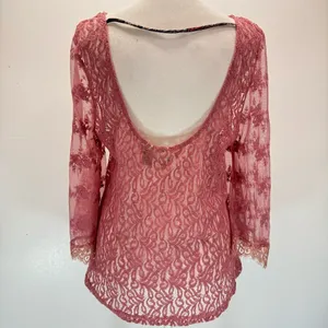 Sheer Mauve Mixed Lace Bell Sleeve Top Eyelash Fringe Gimmicks by BKE Fairy Boho thumbnail 5