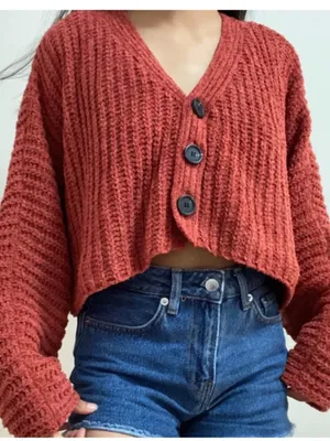 Urban Outfitters Ribbed Cozy Cropped Button Front Cardigan Sweater Burnt Orange thumbnail 1