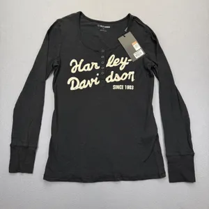 Harley-Davidson Womens Black Henley‎ Long Sleeve Graphic Tee Size M NOTE thumbnail 1