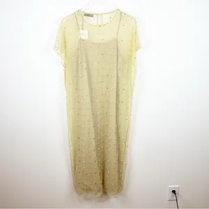 NWT ZARA Sheer Mesh Pearl Embellished Midi Dress Women's Size XS/S Tan‎ thumbnail 3