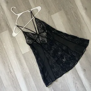 Frederick's of Hollywood Slip Dress lingerie sheer lace mesh mini womens Black (medium) sexy thumbnail 1