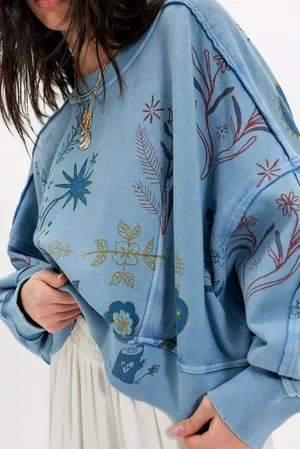 Free People Gaia Sweatshirt in Folk Combo Blue NWT thumbnail 1