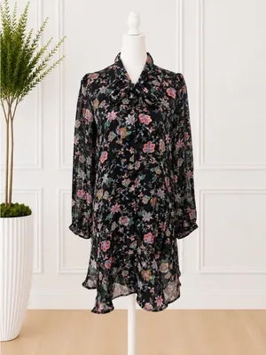 Banana Republic Black Floral Sheer Tie-Neck Ruffle Hem Dress Women’s M Romantic thumbnail 2