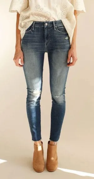 MOTHER Denim High-Waisted Looker Ankle Fray Furiously Happy Distressed Blue thumbnail 1