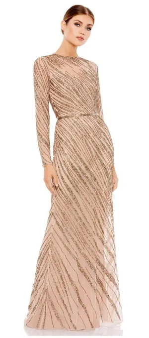 Mac Duggal Long Sleeve Beaded Column Gown Dress Mocha Size 4 thumbnail 1