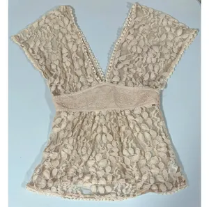Tan Beige Floral Lace Y2K Babydoll Shirt Top Blouse Size S ✨ thumbnail 2