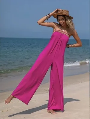 NWT Rusttydustty Hot Pink Geometric Embroidered Tube Top Wide Leg Jumpsuit M‎ thumbnail 1
