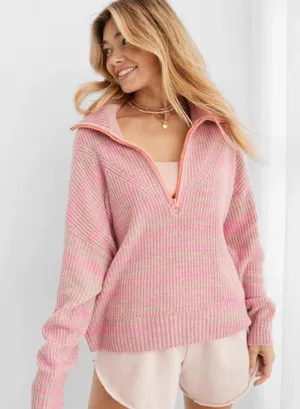 Aerie Quarter Zip Sweater Lip Gloss Oversized Preppy Pullover‎ Pink Size XS thumbnail 1