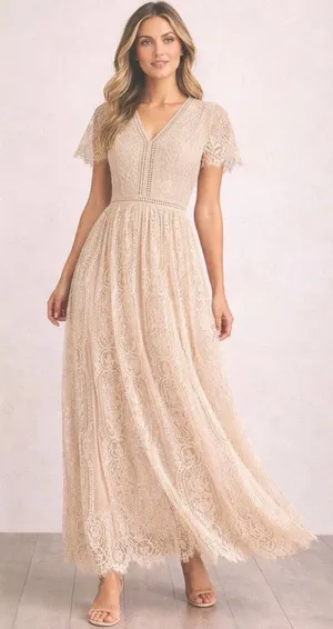MEROKEETY Beige Nude Lace‎ Floral Maxi Dress Sz M Sheer Boho Romantic Fairy NWT thumbnail 1