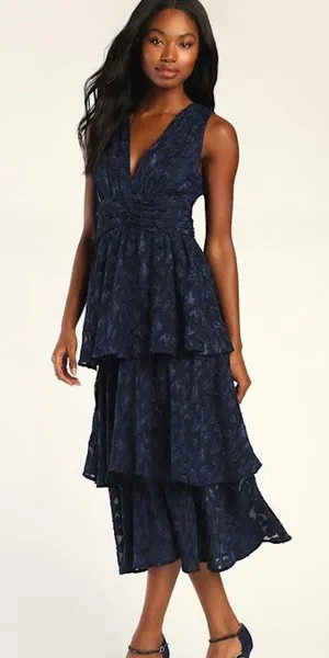 Lulus Navy Blue Make It Mesmerizing Jacquard Tiered Midi Dress Sz.L NWT thumbnail 1