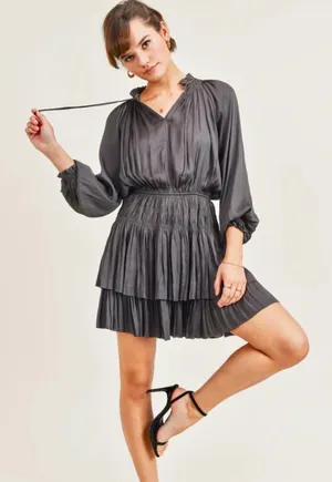 Mustard Seed Charcoal Gray Pleated Tiered Mini Dress thumbnail 1
