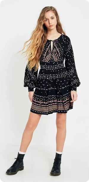 Free People Coryn Black Cherry Print Open Back Long Sleeve Mini Dress Size 12 thumbnail 1