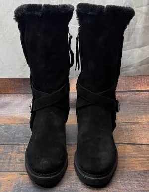 Sam Edelman Jailyn Black Suede Faux Fur Lined Mid-Calf Lug Sole Moto Boots 9.5M thumbnail 1