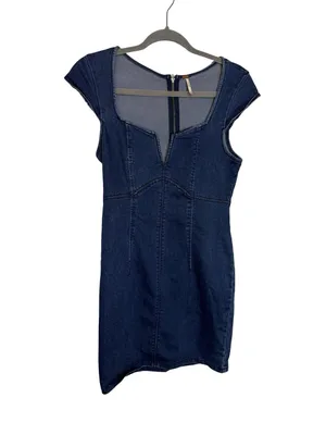 👗 Free People Denim Bodycon Mini Dress XS‎ Sweetheart Neck Zip Back 👗 thumbnail 3