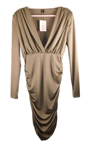 SHEIN BAE Long Sleeve Ruched Deep‎ V Midi Dress – Size L – Tan/Khaki thumbnail 1