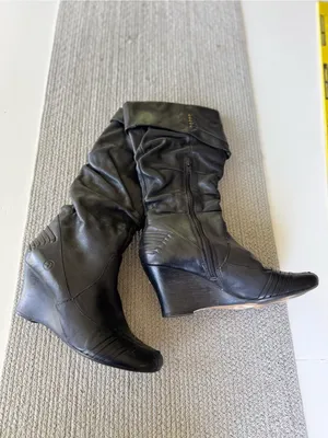 Bronx Black Studded Leather Wedge Knee-High Boots with Woven Detail Sz 8.5 thumbnail 2