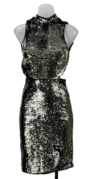 H&M Women's Black Silver Sleeveless Metallic Sequin Cutout Bodycon Midi Dress 4 thumbnail 1