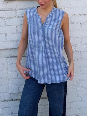 Sharagano blue striped sleeveless blouse sz 14 #western #boho #beach #mom thumbnail 3
