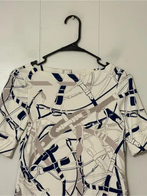 Lauren Ralph Lauren Belt Print Boatneck Top Navy Cream Equestrian Stretch Tee S thumbnail 4