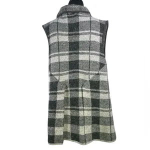 Long cape vest single snap closure dual pocket plaid vent back soft knit sweater thumbnail 2