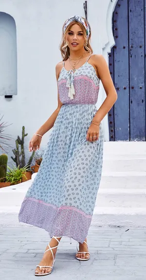 Floral Boho Blue Tie Sundress thumbnail 1